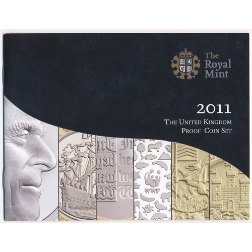 253 - 2011 UK deluxe proof cased set of 14 coins FDC, black leather edition, including booklet.