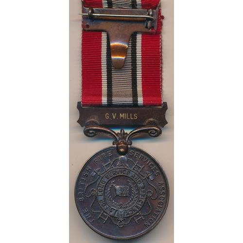 47 - Fire Brigade – A bronze B.F.S.A The British Fire Services Association to G.V. MILLS, numbered to edg... 