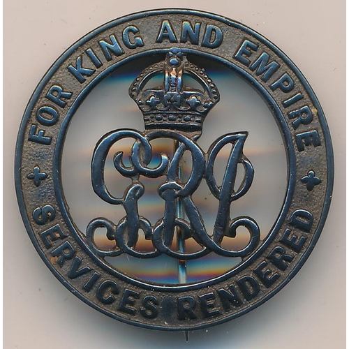 89 - First World War British silver War badge, ‘For King and Empire – Services Rendered’. Pin fitting int... 