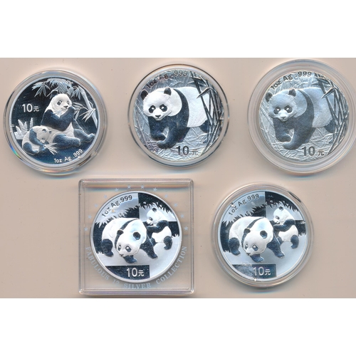 293 - China 10 yuan .999 silver Panda 1oz uncirculated range (5), all encapsulated with 2001, 2002, 2007 a... 