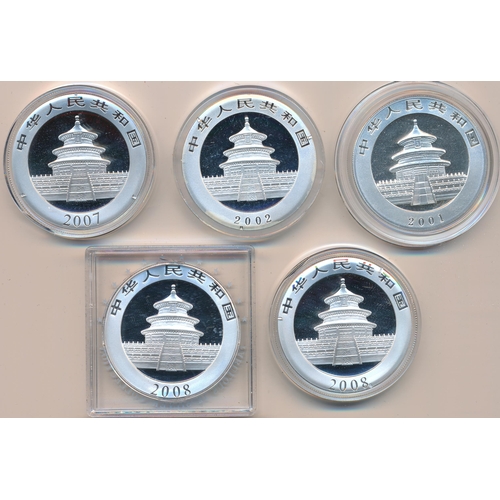 293 - China 10 yuan .999 silver Panda 1oz uncirculated range (5), all encapsulated with 2001, 2002, 2007 a... 