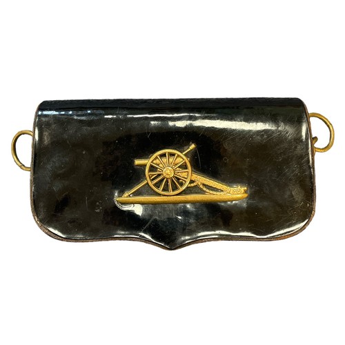 56 - A 19th century Royal Artillery leather belt pouch with brass gunner detail, metal lined for ammuniti... 