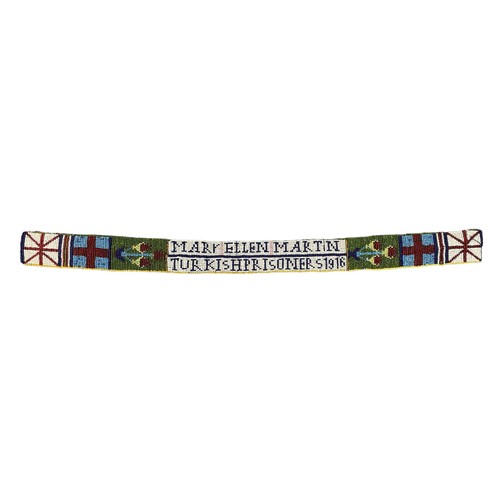 50 - First World War - Ottoman Turkish Prisoner of War beadwork scarf, inscribed ‘Mary Ellen Martin Turki... 