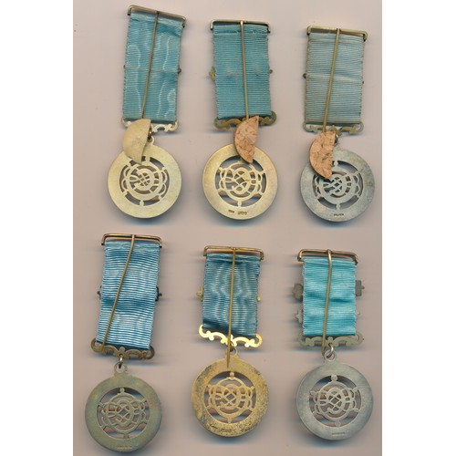 107 - A small group of six silver and blue enamel Masonic Centenary Jewels, to include Royal Clarence Lodg... 