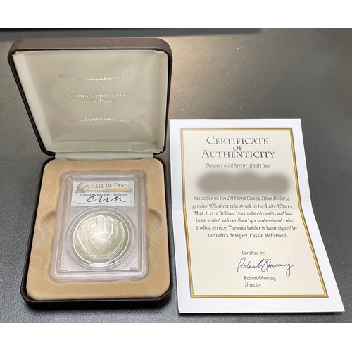 321 - United States of America – 2014 First Curved Silver Dollar PCGS Baseball Hall of Fame $1 with certif... 