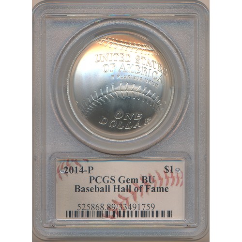 321 - United States of America – 2014 First Curved Silver Dollar PCGS Baseball Hall of Fame $1 with certif... 