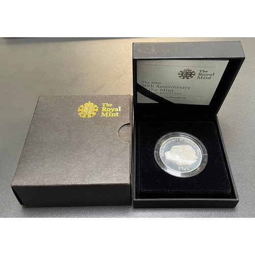 249 - Royal Mint – The 2009 50th Anniversary of the Mini £5 Silver Proof Coin, boxed and with certificate ... 