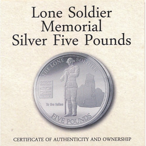 311 - The London Mint Office 2014 Lone Soldier Memorial Silver Five Pounds (£5) proof, boxed with certific... 