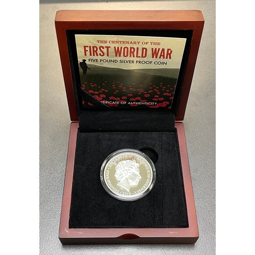 302 - Guernsey – Elizabeth II 2018 The Centenary of the First World War Five Pound Silver Proof Coin. Boxe... 