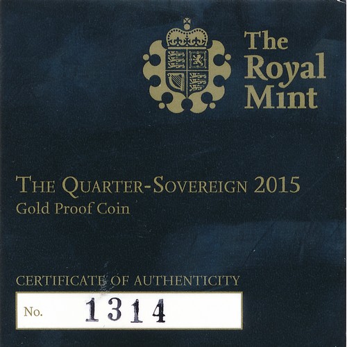 233 - 2015 Quarter sovereign gold proof FDC, issued by The Royal Mint with certificate No.1314, booklet, w... 