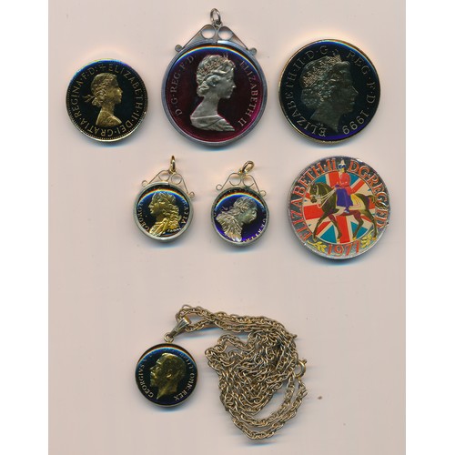 209 - Small range of Enamelled coins, to include a pair of George III coins in gilded pendant mounts, 1922... 