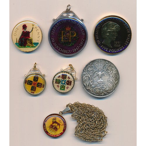 209 - Small range of Enamelled coins, to include a pair of George III coins in gilded pendant mounts, 1922... 