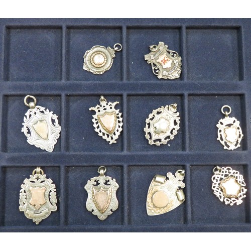 130 - Range of hallmarked silver shield fobs (10), one with 