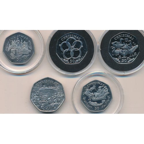 336 - Range of Christmas 50p coins (5), Gibraltar 1997 Father Christmas, Isle of Man 1987, 1997, 2009 and ... 