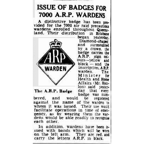 91 - Australia – Queenstown ARP Warden badge in brass with yellow and black enamel, with Hanford Brisbane... 