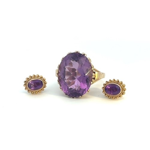 35 - A gold and amethyst cocktail ring stamped 9ct. Amethyst 19mm x 15mm. Amethyst a rich purple and good... 