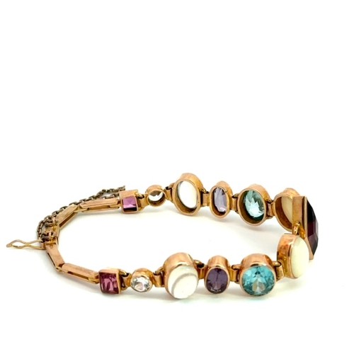 30 - A gold (tests as 9ct)  bracelet set with 13 vari-shaped gemstones, including rhodolite garnet, topaz... 