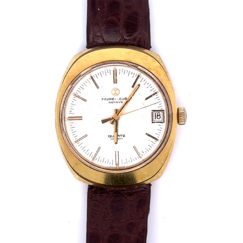 121 - A Favre-Leuba date watch with hour markings and leather strap. Engraved on the back 'To Bernard Lilw... 