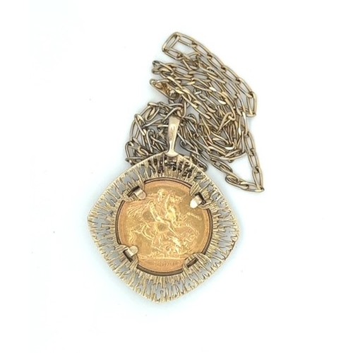 12 - A gold sovereign mounted in a hallmarked 9ct gold pendant with an 18ct gold plated chain. Total weig... 