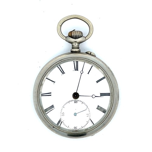 161 - A silver coloured pocket watch with early pin set movement. Roman numeral hour markers and subsidiar... 