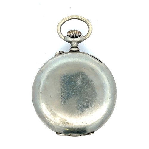 161 - A silver coloured pocket watch with early pin set movement. Roman numeral hour markers and subsidiar... 