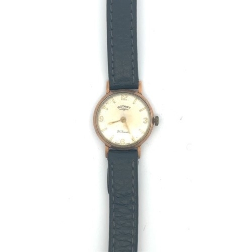 143 - A lady’s 9ct gold Rotary wristwatch, with leather strap, baton markings, ‘21 Jewels’ on face with ‘s... 