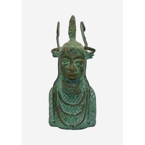 72 - An African mid 20th Century bronze Oba (King) head sculpture, green patina all over. Height 19.5cm.