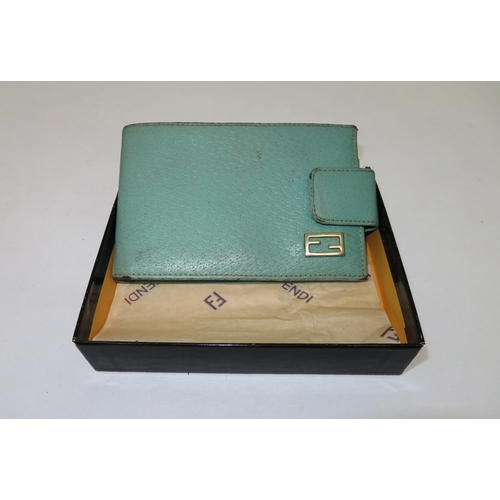 108 - Fendi – a boxed vintage Fendi green/turquoise leather button clasp wallet, in Fendi box with Fendi w... 