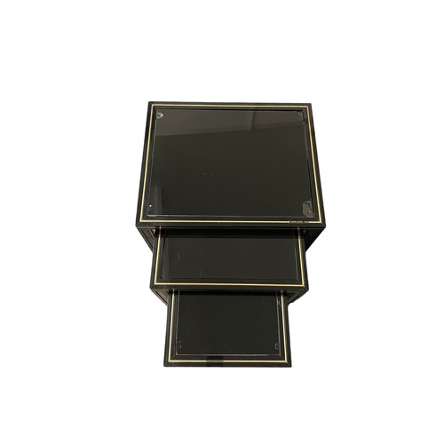 263 - Pierre Vandel Paris 1979 nest of tables, black metal and glass with gold highlights and brass namepl... 