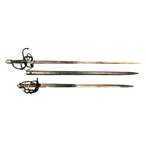 148 - Rapier Swords – A pair of full size replica rapier swords, one with a black gilded handle and black ... 