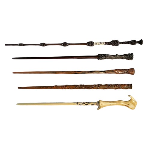 144 - Harry Potter – A selection of five resin plastic metal core Harry Potter wands to include Lord Volde... 