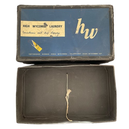 113 - Vintage High Wycombe Laundry dark blue and black lift-off lid box, good (wear to edges), dimensions ... 