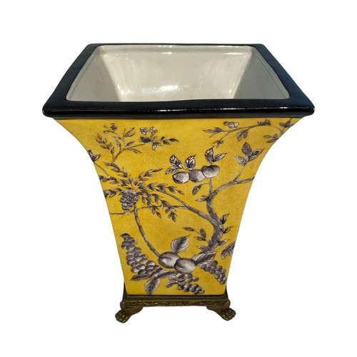 226 - Wong Lee hand painted yellow floral and fruit ceramic planter with brass lion feet. WL 1895 stamped ... 