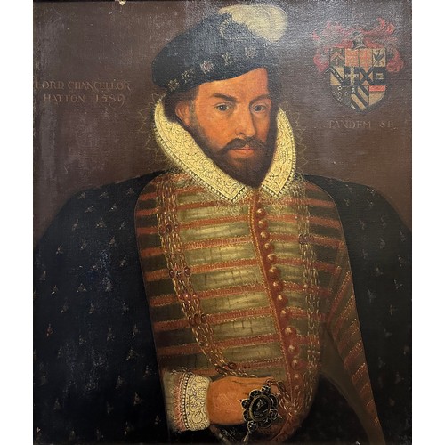 65 - Early 20th Century unsigned oil painting of Sir Christopher Hatton. Copy of a previous painting, to ... 