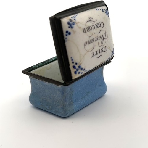 53 - A Battersea/ Bilston rectangular blue enamel patch box in  good condition with original mirror. Hing... 