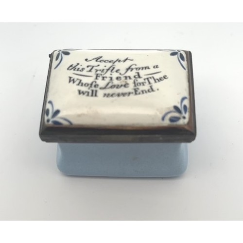 54 - A late 18th/early 19th century Battersea/ Bilston blue rectangular enamel patch box. Hinged lid with... 