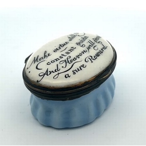 56 - An oval Bilston enamal patch box with blue fluted base and monochrome hinged lid with motto 'Make vi... 