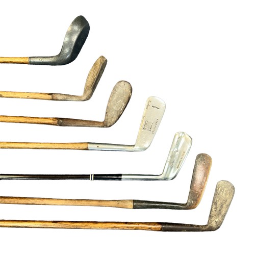 155 - A selection of seven old mostly hickory (6) golf clubs to include; Mashie N Blick with autograph B.E... 