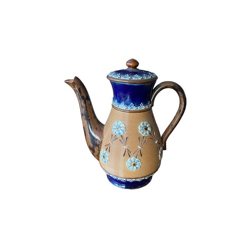 205 - A Royal Doulton Louisa Wakely lidded coffee pot, brown and deep blue with light blue floral pattern,... 