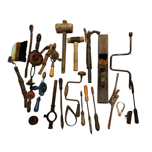 217 - Range of old tools in wooden chest with ranges of hand drills, mallets, plane etc, all in wooden che... 