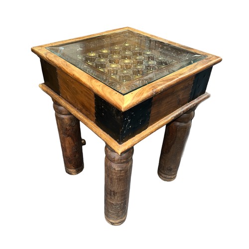 288 - Pair of wooden square decorative side tables, each with four thick circular legs and geometrical woo... 