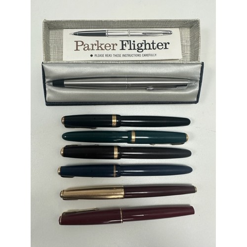 79 - Seven Parker silver fountain pens including a Parker Flighter pen in box, 3 (blue, green and brown) ... 