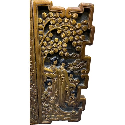 120 - A Chinese early 20th century carved wood wall mirror with carved figure design to either side. Flora... 