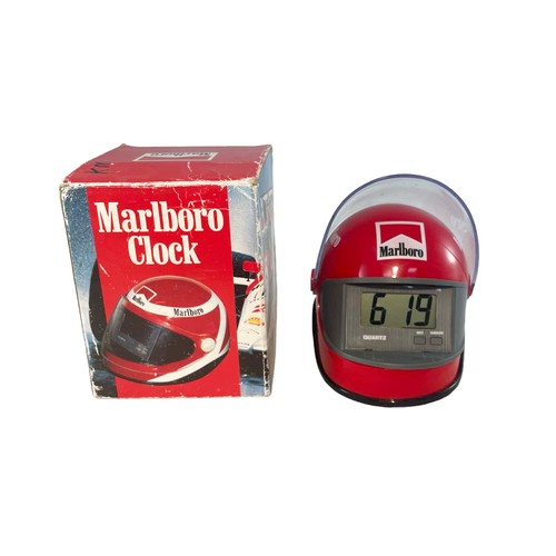 168 - Marlboro miniature helmet digital quartz clock, with original box of issue.