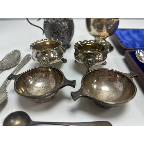 307 - Silver sugar sifter, quaiches spoons and other items to include a silver sugar sifter with 1970s Bir... 