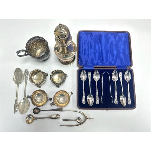 307 - Silver sugar sifter, quaiches spoons and other items to include a silver sugar sifter with 1970s Bir... 