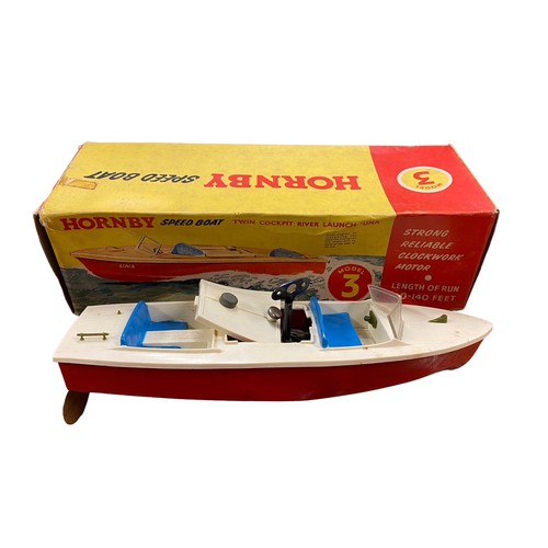 82 - Hornby. Clockwork plastic Speed Boat Twin Cockpit River Launch Una No. 3, generally good plus in goo... 