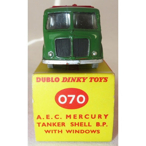 296 - Dublo Dinky. AEC Mercury Shell BP Tanker with windows No. 070 and Land Rover green, black tyres and ... 