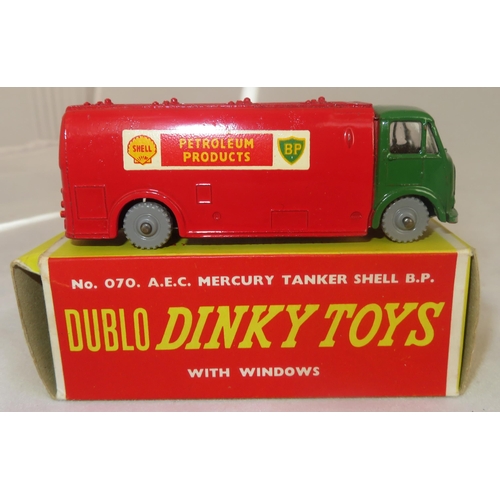 296 - Dublo Dinky. AEC Mercury Shell BP Tanker with windows No. 070 and Land Rover green, black tyres and ... 