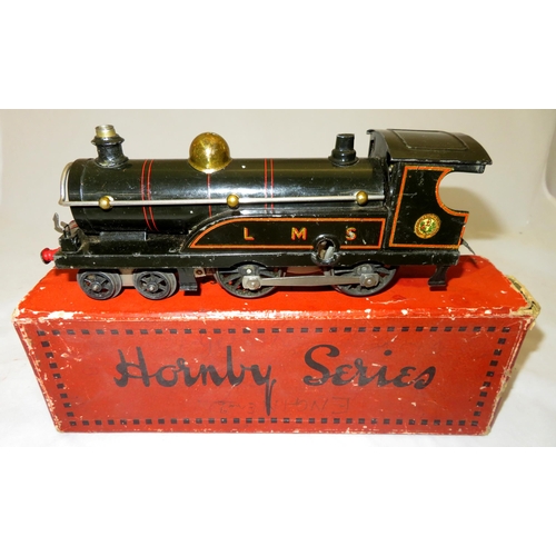 44 - Hornby. O gauge LMS black 4-4-0 clockwork (with key) locomotive No. 2, generally excellent in good p... 